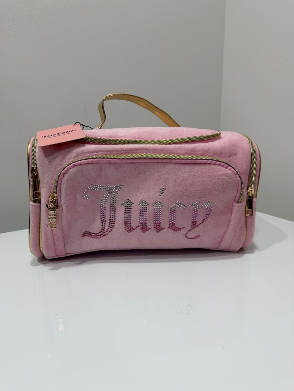 Juicy Couture Pink Velvet Rhinestone Logo Cosmetic Case with Gold Accents